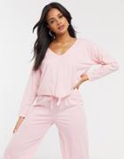 Asos Design Mix & Match Knot Front Long Sleeve Jersey Pyjama Top In Pink
