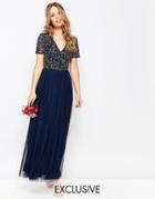 Maya V Neck Maxi Tulle Dress With Tonal Delicate Sequins - Navy