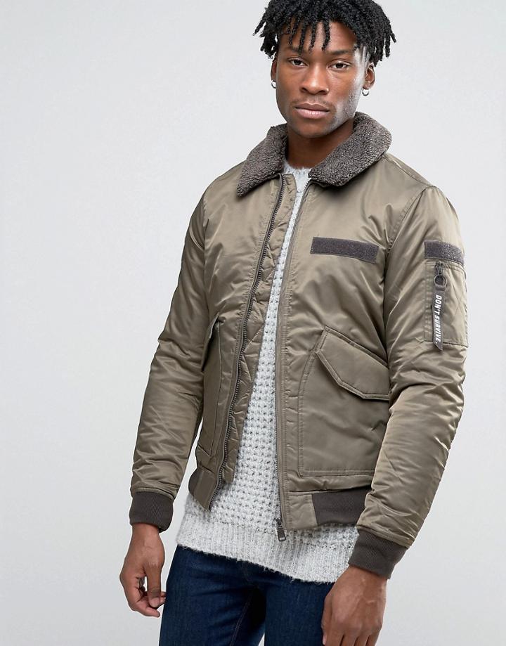 Pull & Bear Ma1 Aviator Bomber Jacket In Khaki - Green