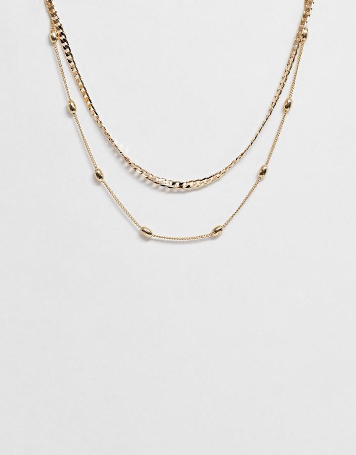 Asos Design Pack Of 2 Necklaces With Flat Curb And Ball Chain In Gold Tone