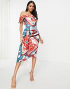 Asos Design Bardot Pencil Dress With Sash In Regal Print-multi