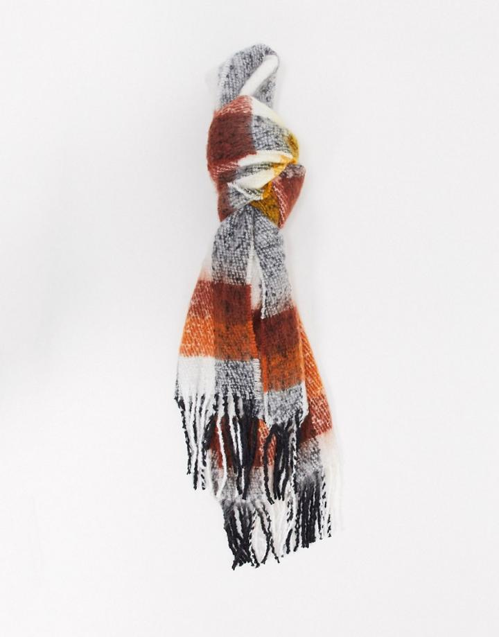 Asos Design Long Fluffy Blown Up Check Scarf In Mustard And Brown Check-multi
