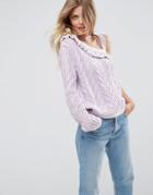 Asos Sweater With One Shoulder Detail In Cable And Tipping - Purple
