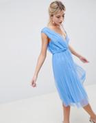 Asos Design Pleated Tulle Midi Prom Dress With Lace Bodice - Blue