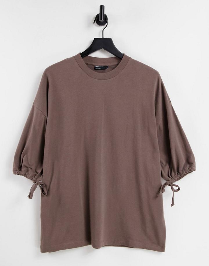 Asos Design Oversized Heavyweight T-shirt With Half Sleeve & Drawstring In Light Brown