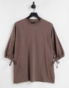 Asos Design Oversized Heavyweight T-shirt With Half Sleeve & Drawstring In Light Brown