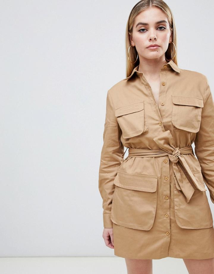 Prettylittlething Utility Shirt Mini Dress In Camel - Beige