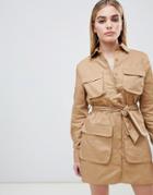 Prettylittlething Utility Shirt Mini Dress In Camel - Beige