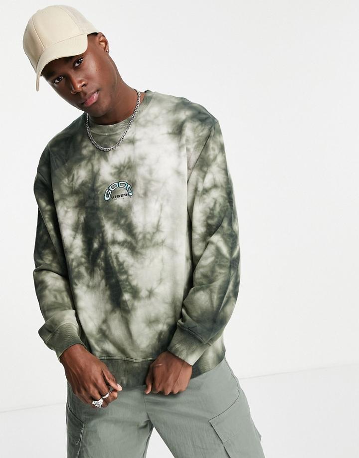 Topman Oversized 'good Vibes' Tie Dye Sweatshirt In Khaki-grey
