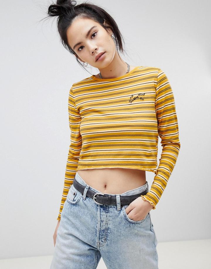 Pull & Bear Cropped Stripe Long Sleeve T-shirt In Mustard - Yellow