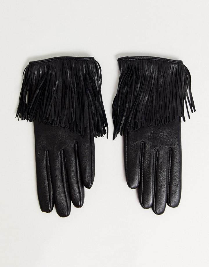 Asos Design Leather Touch Screen Gloves With Fringing In Black