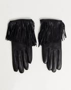 Asos Design Leather Touch Screen Gloves With Fringing In Black