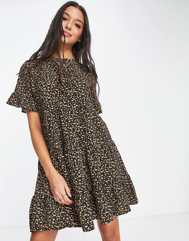 Jdy Alba Short Sleeve Delicate Print Smock Mini Dress-black