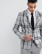 Asos Design Skinny Blazer In Light Gray Oversized Check - Gray