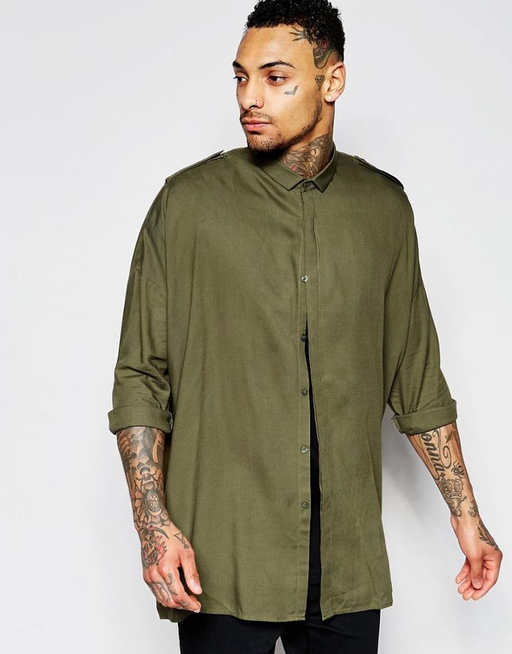 Asos Military Shirt In Khaki With Drop Shoulder And Epaulette Details - Khaki