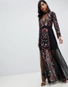 Frock And Frill All Over Embroidered Maxi Dress In Black Multi - Black