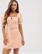 Asos Design Denim Puff Sleeve Mini Dress With Belt And Buttons In Peach - Pink