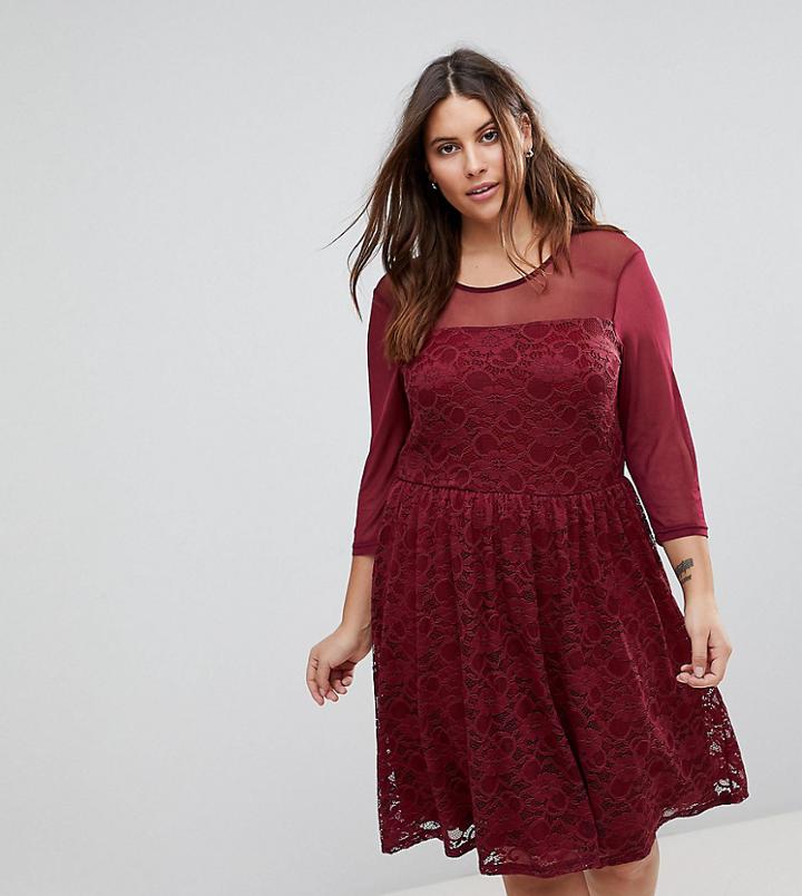 Junarose Lace Skater Dress With Sheer Bodice - Red