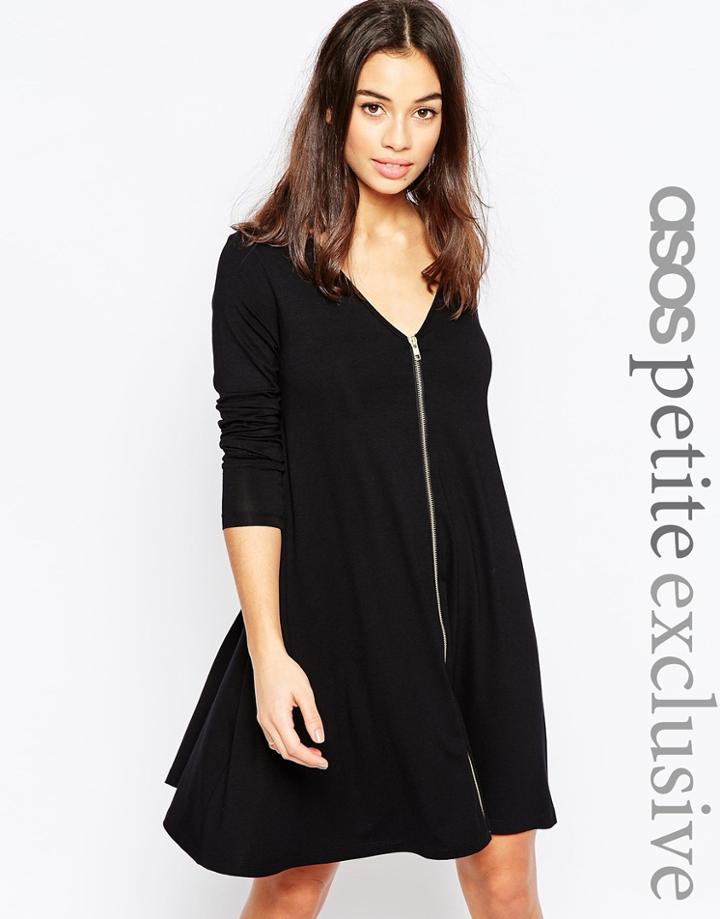 Asos Petite Exclusive Zip Front Swing Dress With Long Sleeve - Black