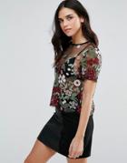 Liquorish Lace Embroidered Crop Top - Black