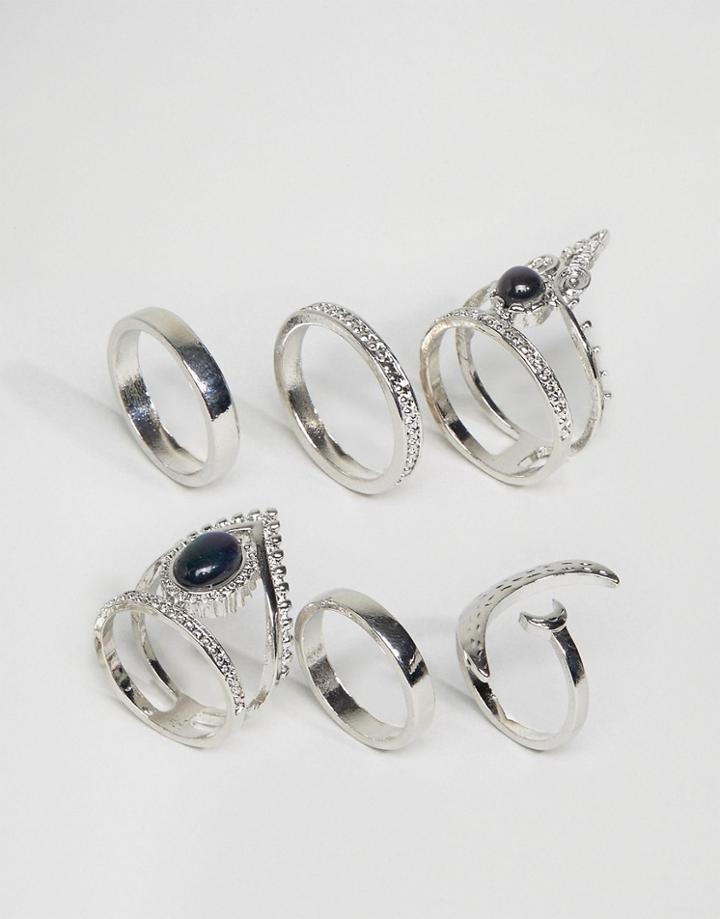 Asos Pack Of 6 Mystical Stone Rings - Silver