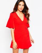 Asos Skater Dress With Square Neck And Angel Sleeves - Red