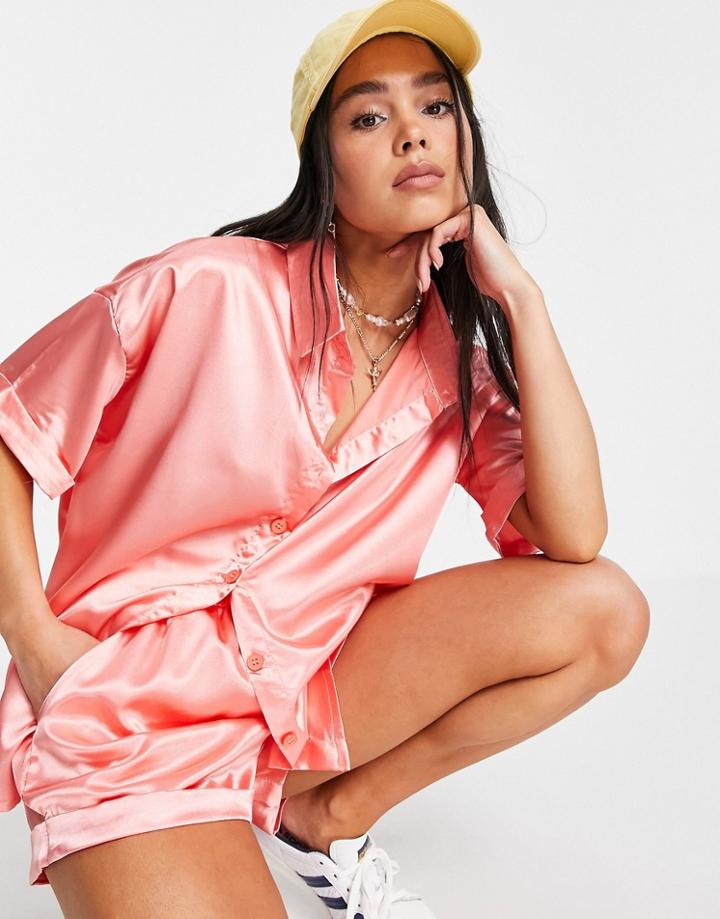 Heartbreak Matching Satin Shirt In Coral-orange