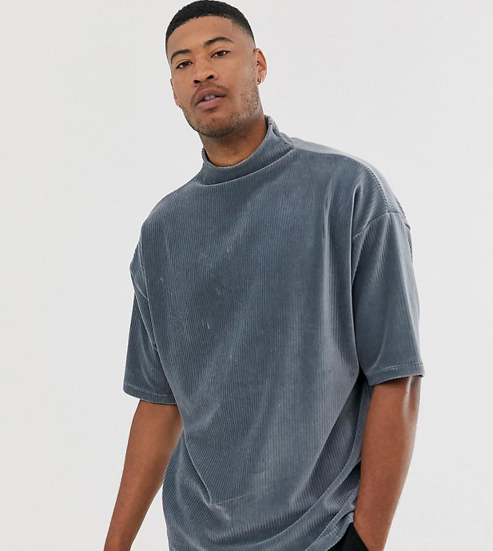 Asos Design Tall Oversized T-shirt With Half Sleeve And Turtleneck In Ribbed Velour In Blue - Blue