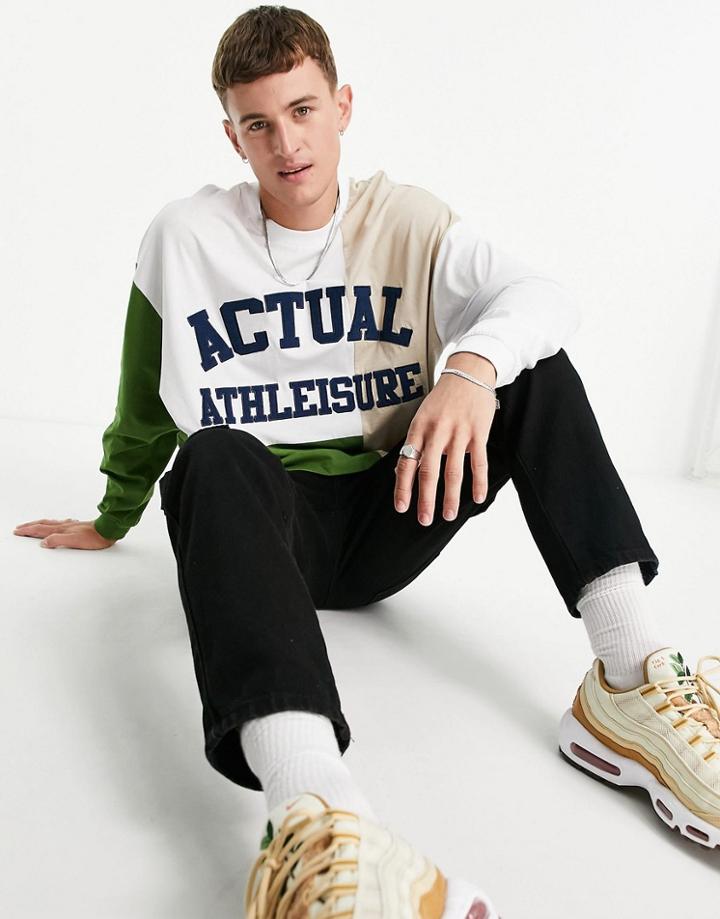 Asos Actual Oversized Long Sleeve T-shirt In Color Block With Applique Terry Athleisure Logo In Green