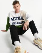 Asos Actual Oversized Long Sleeve T-shirt In Color Block With Applique Terry Athleisure Logo In Green