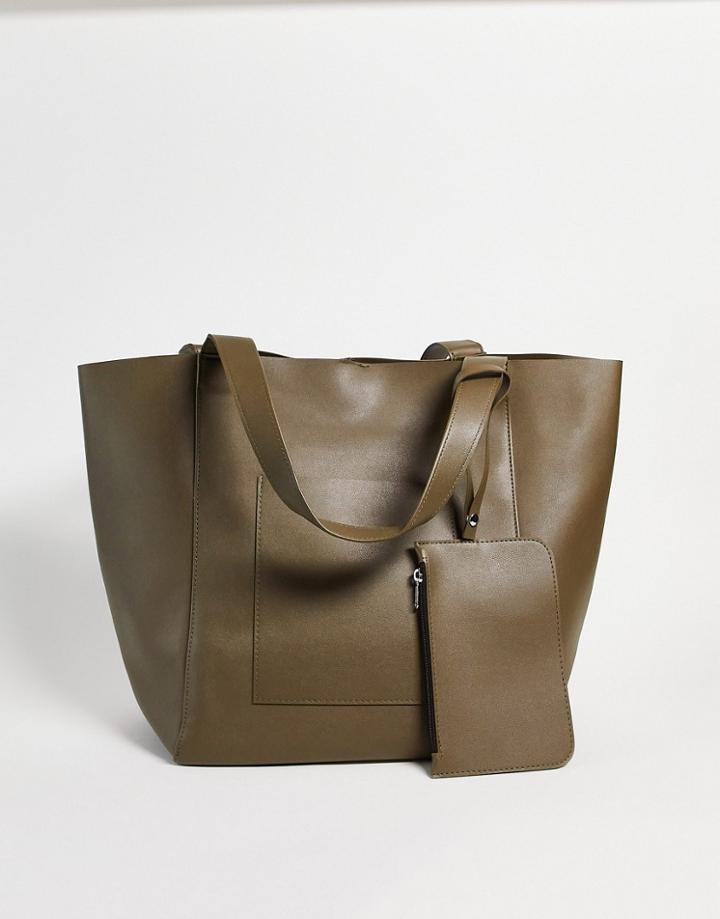 Asos Design Oversized Tote Bag In Khaki Faux Leather With Detachable Wallet-green