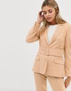Asos Design Self Belted Suit Blazer In Mustard Check-multi