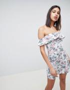 Asos Design Off Shoulder Mini Ruffle Sundress In Vintage Floral Print - Multi