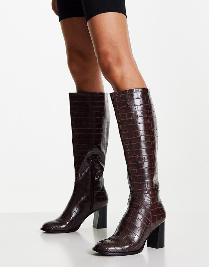 Miss Selfridge Retro Brown Croc High Knee Boot
