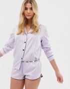 Hunkemoller Amour Satin Stripe Pyjama Shorts In Lilac - Purple