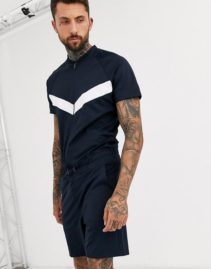 Asos Design Short Jumpsuit In Poly Tricot With Chevron In Navy