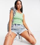 Native Youth Shirred Square Neck Crop Top In Bright Gingham - Part Of A Set-green