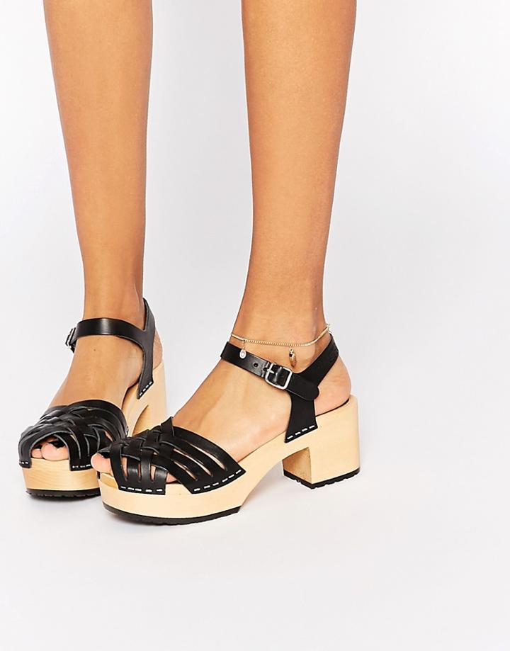 Swedish Hasbeens Black Leather Marina Platform Sandals - Black