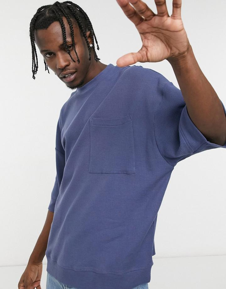 Asos Design Oversized Waffle T-shirt With Deep Hem And Cuff In Washed Blue-blues