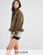 Milk It Vintage Peplum Frill Hem Military Shirt - Khaki