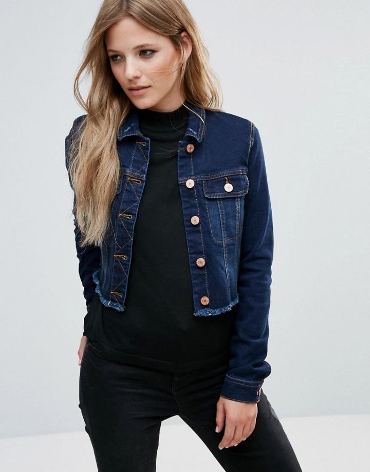 Noisy May Cropped Frayed Hem Denim Jacket - Blue