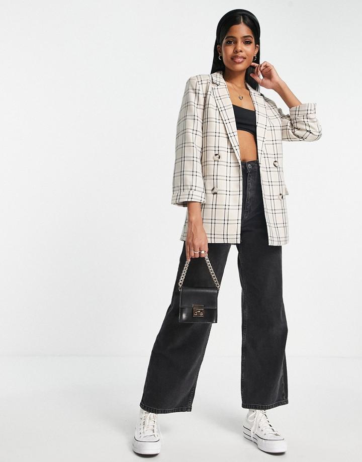 Stradivarius Double Breasted Blazer In Cream Check Print-white