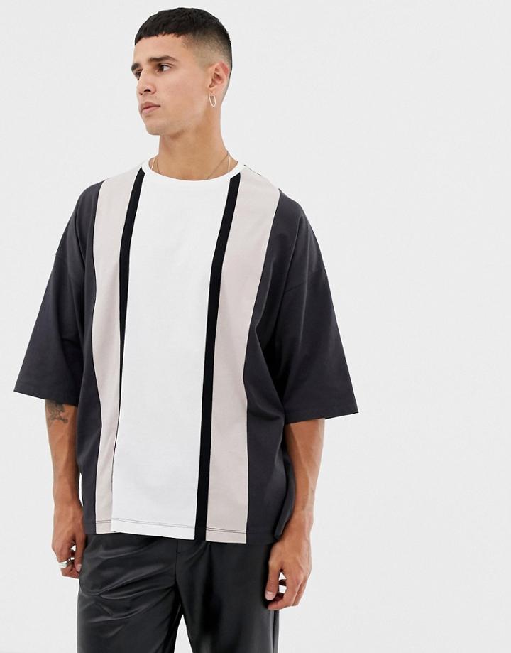 Asos Design Oversized T-shirt With Half Sleeve And Vertical Color Block - Black