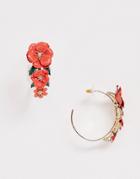 Asos Design Hoop Earrings With Painted Flowers In Gold Tone - Gold