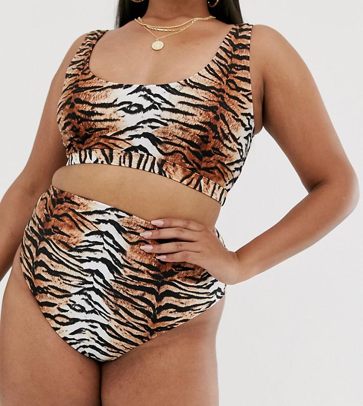 Asos Design Curve Mix And Match High Waist Bikini Bottom In Natural Tiger Print-multi