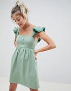 Asos Design Mini Smock Dress With Tassel Frill Sleeve - Green