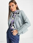 Miss Selfridge Faux Leather Zip Front Biker Jacket In Blue