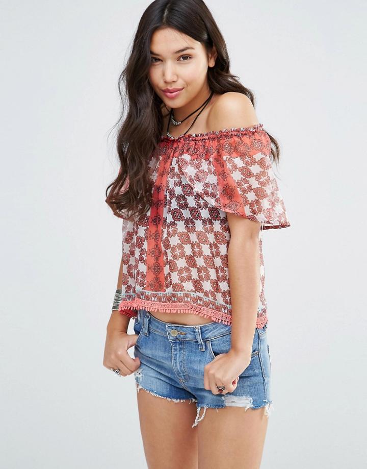 Gypsy 05 Printed Flutter Sleeve Cropped Blouse - Vidya Coral Mu
