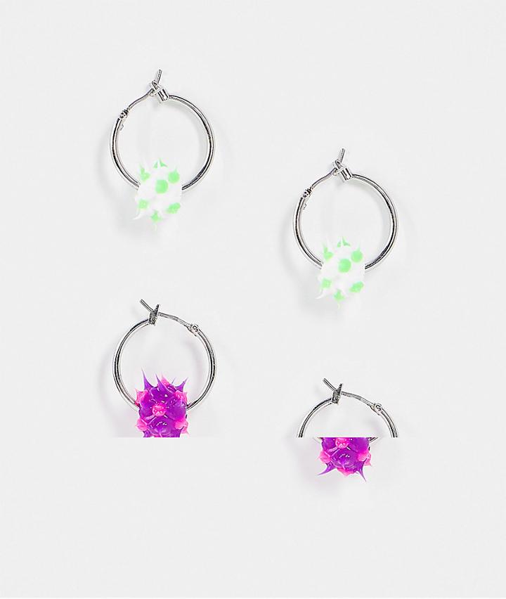 Asos Design Pack Of 2 Hoop Earrings With Rubber Spikey Balls In Silver Tone-multi