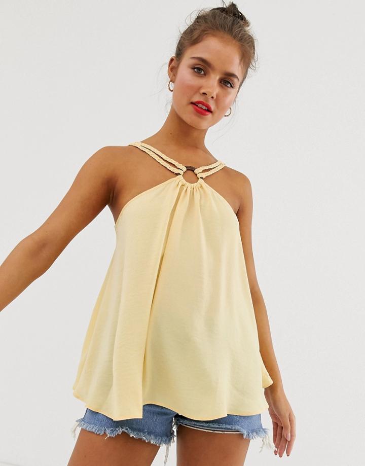 Asos Design Halterneck Cami With Ring Detail And Braiding-yellow